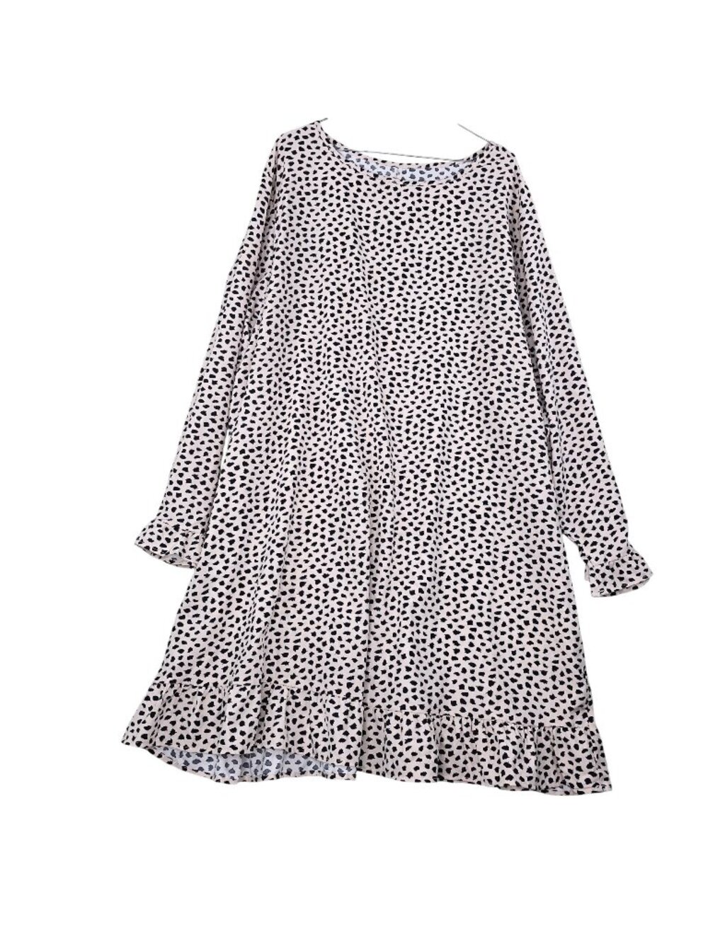 Long Sleeve Polka Dot Ruffle Hem Midi Dress 5XL Beige & Black 100% Polyester